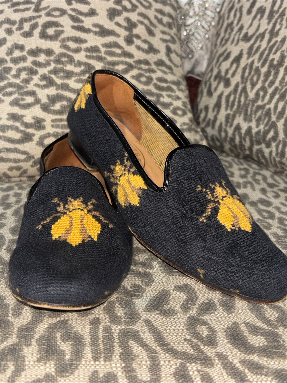 Stubbs & Wootton palm beach bee flats black needlepoint luxury slip on shoe 8